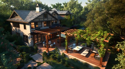 Render a bird's-eye perspective of a craftsman-style dwelling featuring a wooden deck and pergola, nestled within a lush setting of trees and shrubs