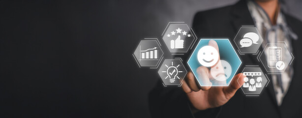 Fototapeta premium Feedback concept, Businesswoman hand touching feedback icon on virtual screen.