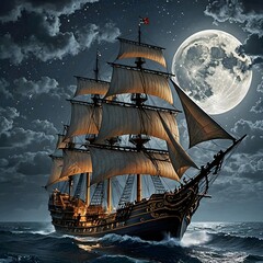 A majestic sailboat cruising in the ocean on a stunning night.