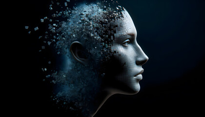 human face disintegrating into digital blocks. The face is shown in profile with intricate and lifelike features.