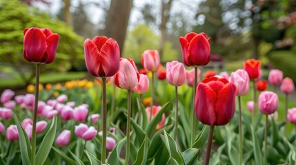 Stunning assortment of red and pink tulip flowers blooming in an outdoor park