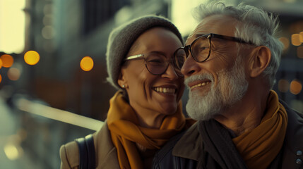 Obraz premium A decent old age. A candid portrait of a happy married couple. An elderly man and a woman with glasses smile at the camera