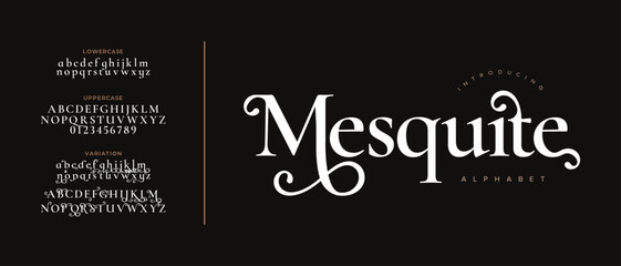 Musquite premium luxury elegant alphabet letters and numbers. Vintage wedding typography classic serif font decorative vintage retro. creative vector illustration