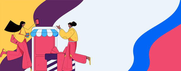 Holiday shopping people doing e-commerce online shopping flat vector concept operation hand drawn illustration
