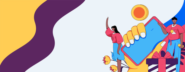 Holiday shopping people doing e-commerce online shopping flat vector concept operation hand drawn illustration
