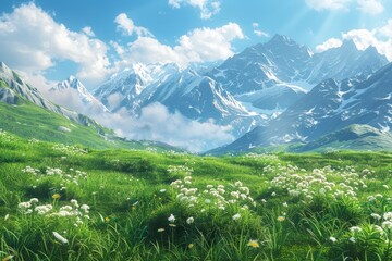 3d rendering of a sunny alpine meadow with lush grass and distant snowy mountains - generative ai