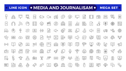 Journalism and mass media outline icon set. Vector illustration. Containing  microphone, journalist, press conference, newspaper social networks, public communication, and networking.
