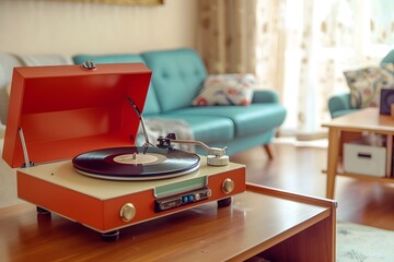 Retro Vinyl Record Player Spinning Classic Album in Cozy Living Room