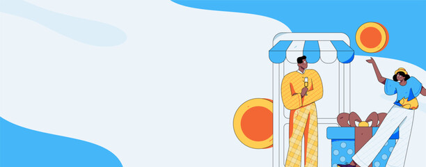 Holiday shopping people doing e-commerce online shopping flat vector concept operation hand drawn illustration
