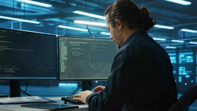 System admin focused on programming in server room housing advanced equipment storing massive datasets. Developer typing code on PC to mend data center racks doing complex computational operations