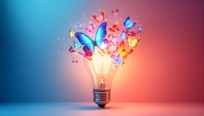 a light bulb with vibrant, glowing butterflies emerging from it against a dark gradient background. The butterflies, in shades of red, blue, yellow, and pink, have an ethereal glow