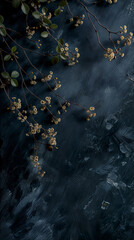 Portrait image of a dark blue background with a branch of small white flowers and green leaves in the foreground.