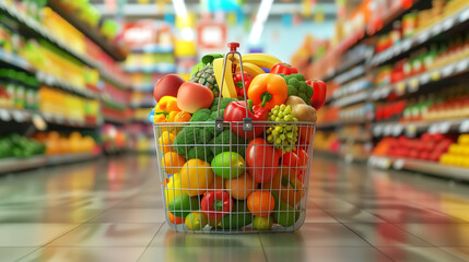 fresh organic vegetable and fruit in shopping basket, healthy food in grocery market, vegetarian diet