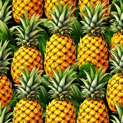 Fototapeta premium Pineapples and leaves on yellow seamless pattern.