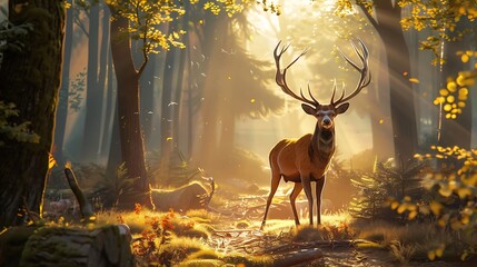 A majestic deer standing tall in a sun-dappled forest clearing, its elegant antlers reaching towards the sky as it surveys its surroundings with a calm and regal demeanor.
