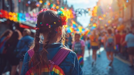 A family with children wearing rainbow attire, participating in an LGBTQ pride parade and enjoying the festivities