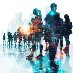 Digital technology background with business people silhouettes and glowing light effects, symbolizing the integration of AI in the global network on a transparent white backdrop.