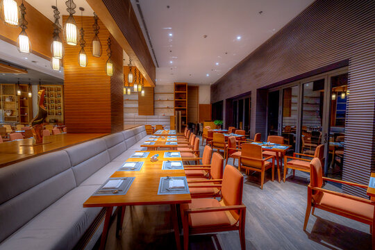 Meli&aacute; Vinpearl Thanh Hoa Hotel, Thanh Hoa City, Vietnam - February 18, 2024: See the interior space of 5-star hotel restaurant Meli&aacute; Vinpearl Thanh Hoa Hotel, Thanh Hoa City, Vietnam. Serving buffet 
