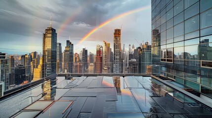Rainbow After Rain: A stunning rainbow appearing over a historic cityscape, with old buildings and narrow streets glistening after a summer rain, creating a magical and picturesque scene.
