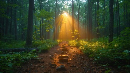 Sunlight filtering through a dense woodland trail in a forest -Generative AI