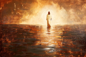 Oil painting of Jesus walking on water