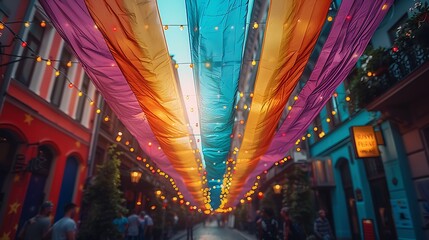 Colorful banners and streamers decorating a street for an LGBTQ pride festival