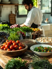 Organic farm-to-table ingredients displayed on a wooden countertop with a chef in the background, preparing a special gourmet meal