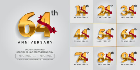 anniversary logotype set vector, golden color and red ribbon for special day celebration