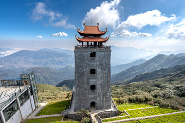 Looking at Fansipan mountain peak at an altitude of 3143m in Sa Pa town, Lao Cai province, Vietnam