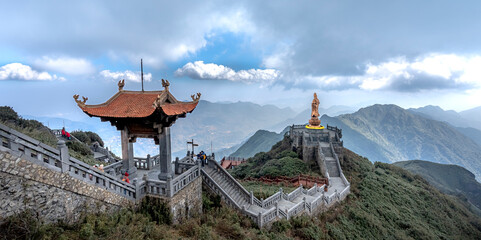 Looking at Fansipan mountain peak at an altitude of 3143m in Sa Pa town, Lao Cai province, Vietnam