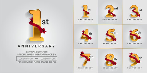 anniversary logotype set vector, golden color and red ribbon for special day celebration