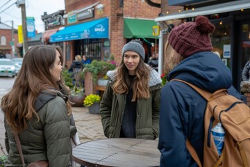 Two young women talking in a street cafe. They are looking at each other.