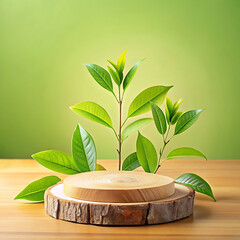 Fresh Green Tea Leaves and Wood Slice Podium: A Modern Display for Product Presentation