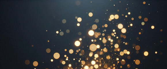 ゴールドの輝き粒子は、背景を抽象化します。ネイビー ブラックの背景にクリスマス黄金の光輝く粒子のボケ味。休日のコンセプト。抽象的な背景と金の粒子。	
