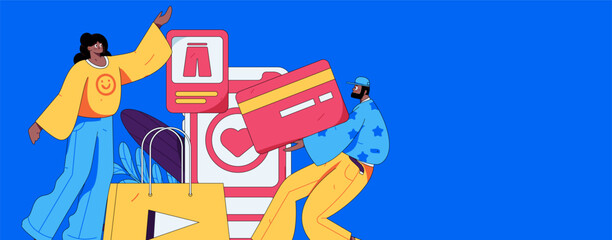 Holiday shopping people doing e-commerce online shopping flat vector concept operation hand drawn illustration
