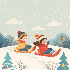 Children sledding in winter flat design side view hill theme cartoon drawing Tetradic color scheme