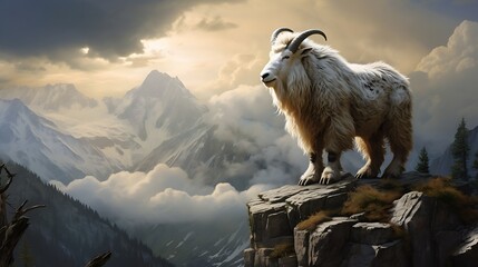 A majestic mountain goat perched precariously on a rocky outcrop, surveying the breathtaking landscape below with a sense of calm confidence. - Powered by Adobe