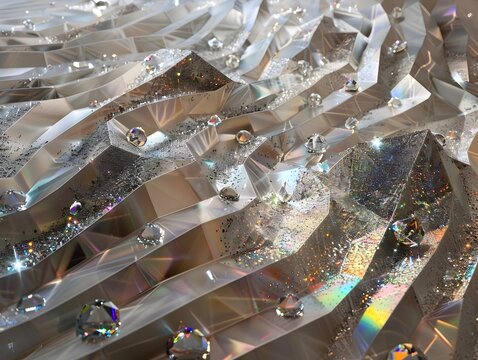 Faceted Diamond Fragments and Iridescent Glitter Particles Floating on Brushed Metallic Surface with Undulating Architectural Patterns and Cinematic
