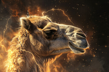A camel with a lightning bolt in the sky behind it