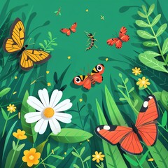 Insects in a meadow flat design top view spring theme animation Complementary Color Scheme