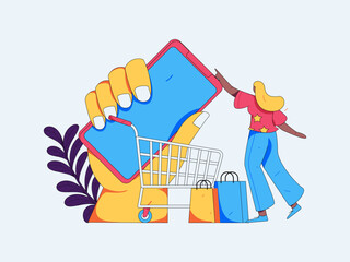 Holiday shopping people doing e-commerce online shopping flat vector concept operation hand drawn illustration
