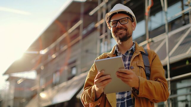 Construction worker, tablet and portrait of man with research and digital data for solar panel installation. Happy, engineer and male contractor with eco and energy project with tech and online plan