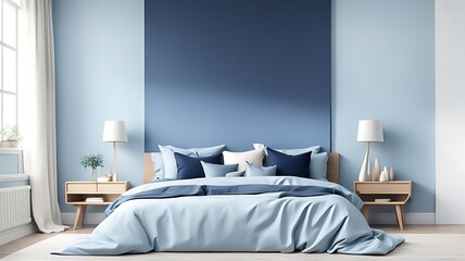 Sky Blue Pastel Bedroom with Navy Bed for Empty Wall Canvas Art in Modern Interior Design for Rich Home or Hotel, Accent Color Trend, 3D Rendering

