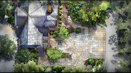 Sketch an overhead view of a craftsman house with a cobblestone driveway