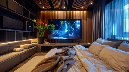 The bedroom is transformed into a audio haven with a wallmounted TV and discreetly hidden speakers...