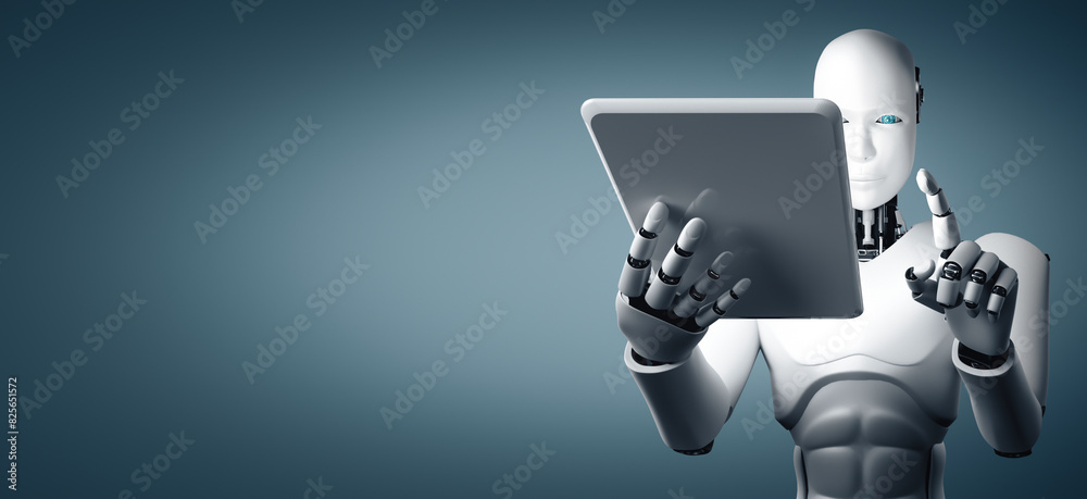 Poster mlb 3d illustration robot humanoid using tablet computer in future office while using ai thinking br