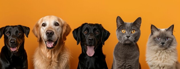 Group of dogs and cats sitting in front of vibrant orange background, with one dog gazing at the camera