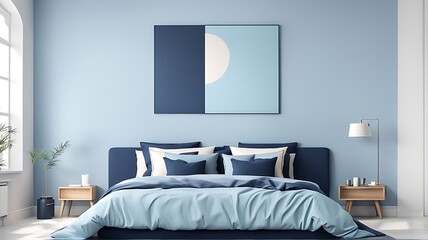 Sky Blue Pastel Bedroom with Navy Bed for Empty Wall Canvas Art in Modern Interior Design for Rich Home or Hotel, Accent Color Trend, 3D Rendering

