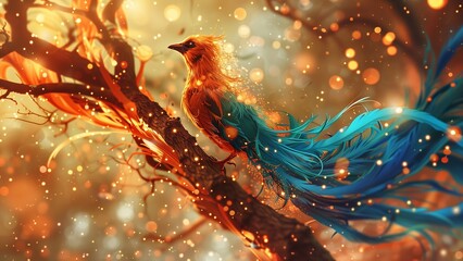 a highly stylized and fantastical bird, resembling a phoenix, with vibrant blue and orange feathers, implying flames