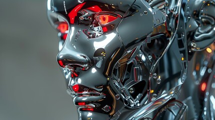 A silver robot with red eyes and metallic face